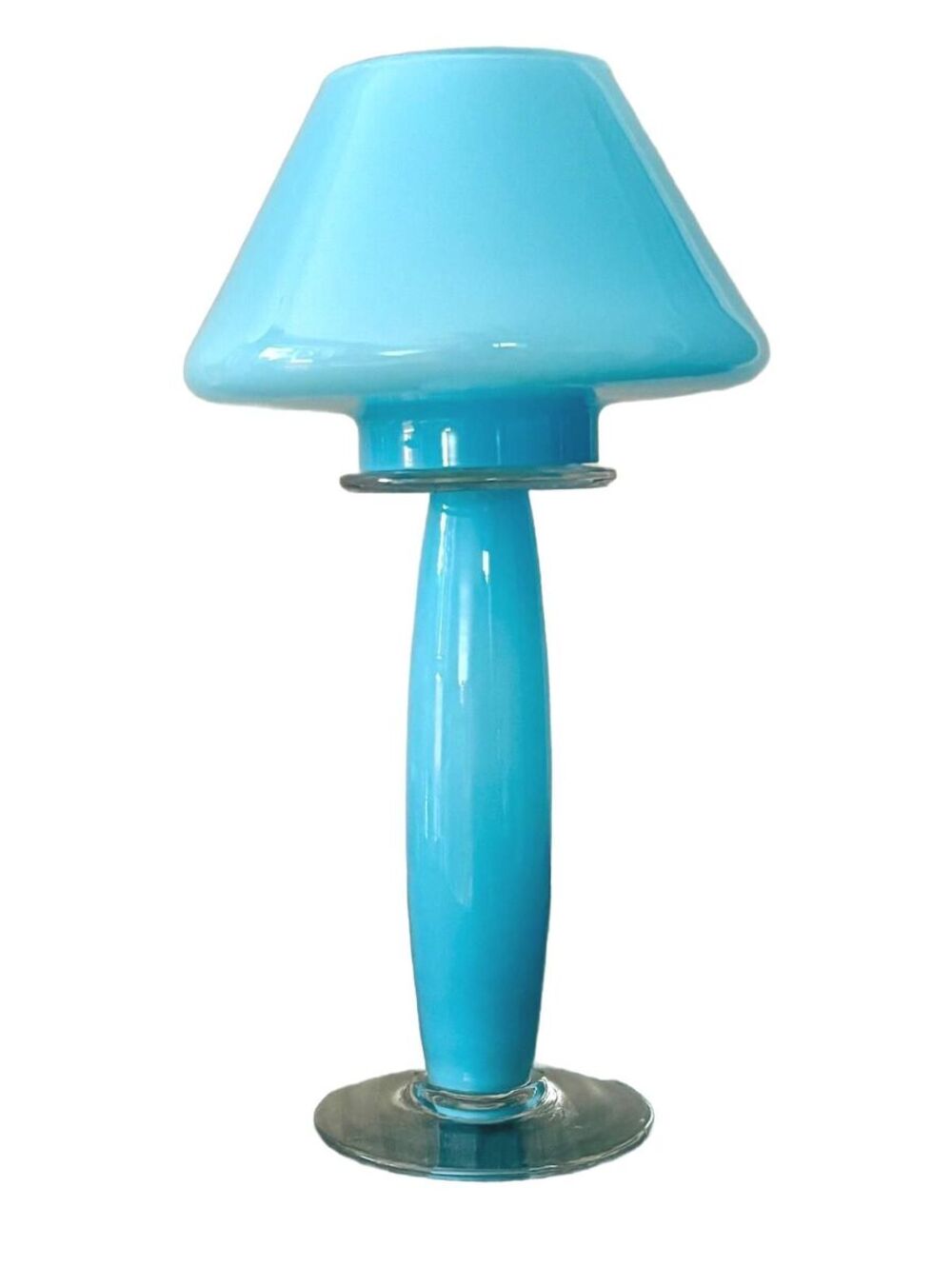 Vintage MCM Blue Art Glass Candle Lamp Turquoise Mushroom Shade 17 inches